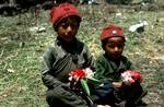 2 Children with Rhodies, Lower Langtang, Nepal