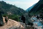 Road & 2 Porters, River, Eastern Himalayas