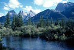 Camp Site - Three Sisters from River, Canmore, Canada