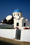 Imerovigli - Church, Blue Dome, Geraniums, Santorini, Greece