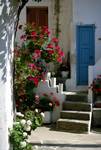 Naousa - Blue Door & Pelarganiums, Paros, Greece