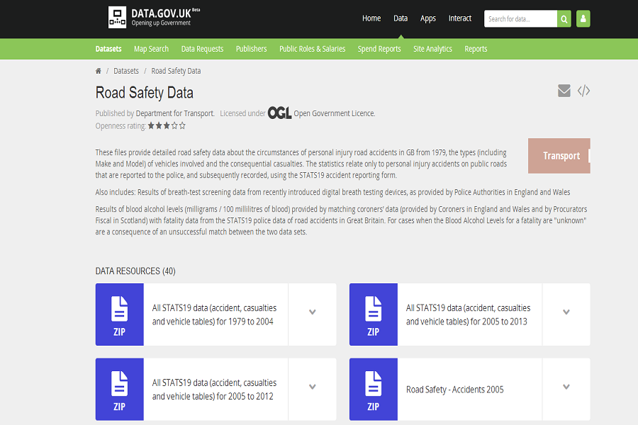 Accidents data from DfT Road Safety data website