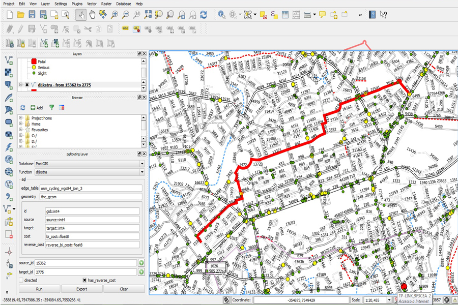 Safest path example with PgRouting plugin for QGIS
