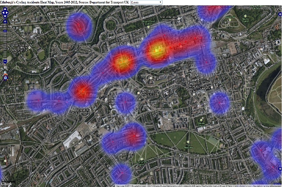 Heatmap showing concentration of buses/bicycles collisions