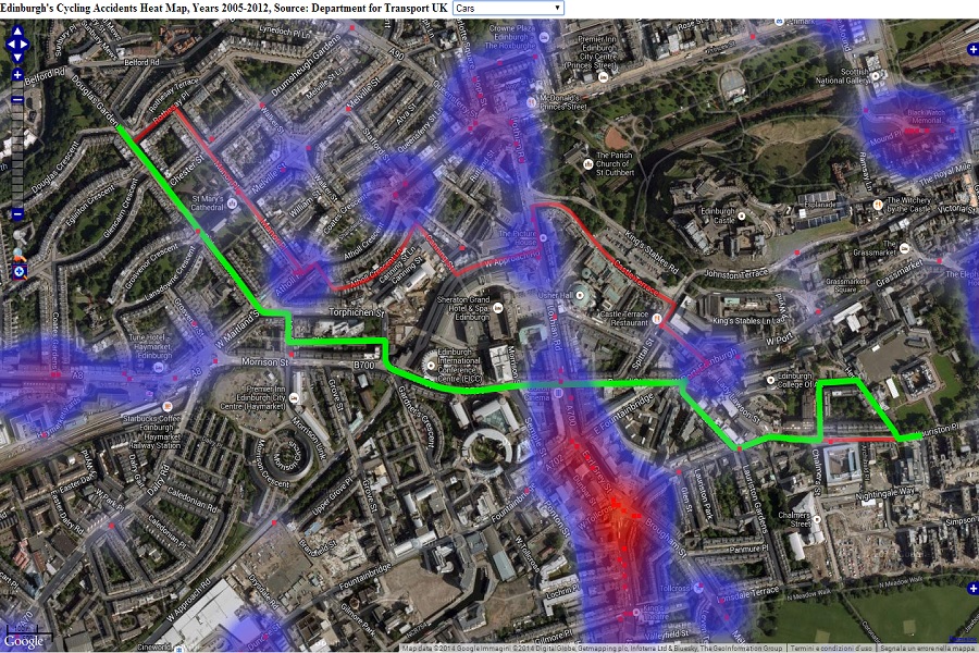 Safest (green) and quietest (red) paths